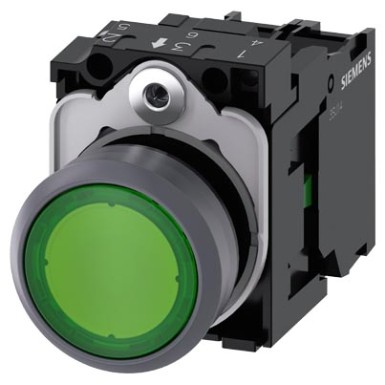 3SU1132-0AB40-1BA0 - Illuminated pushbutton, 22 mm, round, plastic with metal front ring, green, pushbutton, flat, moment - Siemens - Illuminated pushbutton, 22 mm, round, plastic with metal front ring, green, pushbutton, flat, moment - Siemens - 4