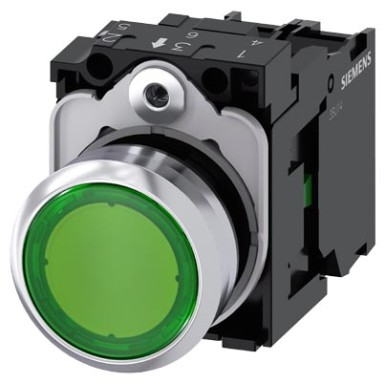 3SU1152-0AB40-1BA0 - Illuminated pushbutton, 22 mm, round, metal, shiny, green, pushbutton, flat, momentary contact type, - Siemens - Illuminated pushbutton, 22 mm, round, metal, shiny, green, pushbutton, flat, momentary contact type, - Siemens - 4