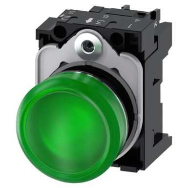 3SU1156-6AA40-1AA0 - Indicator lights, 22 mm, round, metal, shiny, green, lens, smooth, with holder, LED module with inte - Siemens - Indicator lights, 22 mm, round, metal, shiny, green, lens, smooth, with holder, LED module with inte - Siemens - 1