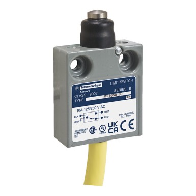 9007MS10S0110 - Telemecanique - Limit switch, 9007, ms top push plunger, booted, 3' bottom cable