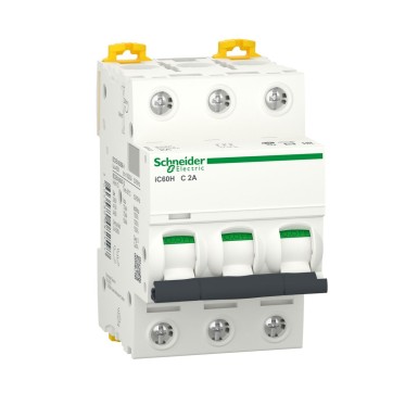 A9F84302 - Miniature circuit breaker (MCB), Acti9 iC60H, 3P, 2A, C curve, 10000A (IEC/EN 60898-1), 70kA (IEC/EN 60947-2) - Schneider Electric - Miniature circuit breaker (MCB), Acti9 iC60H, 3P, 2A, C curve, 10000A (IEC/EN 60898-1), 70kA (IEC/EN 60947-2) - Schneider Electric - 0