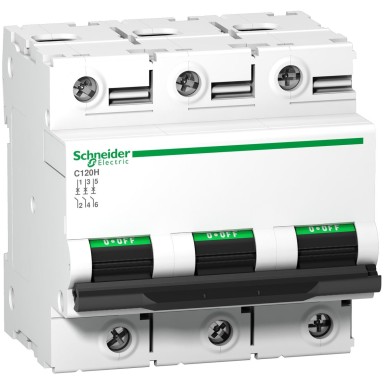 A9N18423 - Miniature circuit breaker (MCB), Acti9 C120H, 3P, 63A, B curve, 15000A (IEC/EN 60898-1), 15kA (IEC/EN 60947-2) - Schneider Electric - Miniature circuit breaker (MCB), Acti9 C120H, 3P, 63A, B curve, 15000A (IEC/EN 60898-1), 15kA (IEC/EN 60947-2) - Schneider Electric - 0