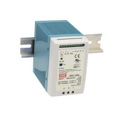 DRC-100B - AC-DC DIN rail single output power supply with battery charger (UPS function); Output 24-30Vdc at 2.25A and 27.6Vdc at 1.25A - Mean Well - AC-DC DIN rail single output power supply with battery charger (UPS function); Output 24-30Vdc at 2.25A and 27.6Vdc at 1.25A - Mean Well - 0