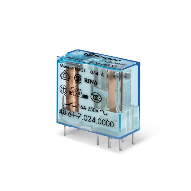 406170240001 - Miniature universal electromechanical relay; Installation on a printed circuit board or in a socket; findings in increments of 5mm; 1CO 16A; AGCDO contacts; 24V DC coil (sensitivity); Waterproofing RTIII - Finder - Miniature universal electromechanical relay; Installation on a printed circuit board or in a socket; findings in increments of 5mm; 1CO 16A; AGCDO contacts; 24V DC coil (sensitivity); Waterproofing RTIII - Finder - 0