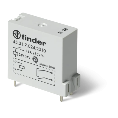 453170240310 - Low profile miniature electromechanical relay; installation on a printed circuit board; Conclusions with a pitch of 3.5mm; 1NO 16A; AGNI contacts; 24V DC coil (sensitivity); Degree of protection of RTII - Finder - Low profile miniature electromechanical relay; installation on a printed circuit board; Conclusions with a pitch of 3.5mm; 1NO 16A; AGNI contacts; 24V DC coil (sensitivity); Degree of protection of RTII - Finder - 0