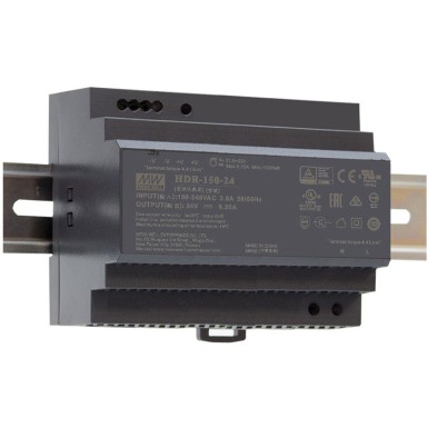 HDR-150-24 - AC-DC Ultra slim DIN rail power supply; Input range 85-264VAC; Output 24VDC at 6.25A - Mean Well - AC-DC Ultra slim DIN rail power supply; Input range 85-264VAC; Output 24VDC at 6.25A - Mean Well - 0