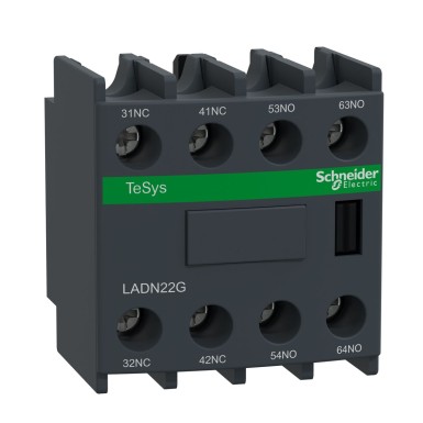 LADN22G - Auxiliary contact block, TeSys Deca, 2NO + 2NC, front mounting, screw clamp terminals, EN 50012 - Schneider Electric - Auxiliary contact block, TeSys Deca, 2NO + 2NC, front mounting, screw clamp terminals, EN 50012 - Schneider Electric - 0