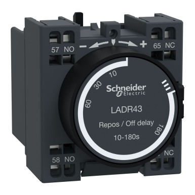 LADR43 - Time delay auxiliary contact block, TeSys Deca, 1NO + 1NC, off delay 10180s, front, spring terminals - Schneider Electric - Time delay auxiliary contact block, TeSys Deca, 1NO + 1NC, off delay 10180s, front, spring terminals - Schneider Electric - 0