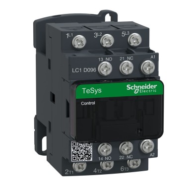 LC1D096B7 - Contactor, TeSys Deca, 3P(3 NO), AC-3/AC-3e, 0 to 440V, 9A, 24VAC 50/60Hz coil, Lugs-ring terminals - Schneider Electric - Contactor, TeSys Deca, 3P(3 NO), AC-3/AC-3e, 0 to 440V, 9A, 24VAC 50/60Hz coil, Lugs-ring terminals - Schneider Electric - 0