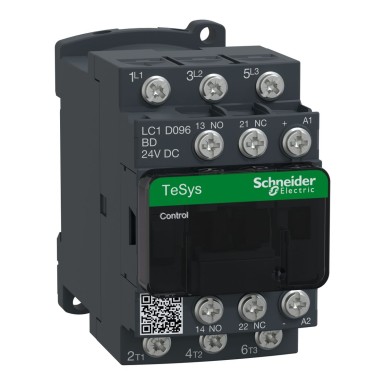 LC1D096BD - Contactor, TeSys Deca, 3P(3 NO), AC-3/AC-3e, 0 to 440V, 9A, 24VDC coil, Lugs-ring terminals - Schneider Electric - Contactor, TeSys Deca, 3P(3 NO), AC-3/AC-3e, 0 to 440V, 9A, 24VDC coil, Lugs-ring terminals - Schneider Electric - 0