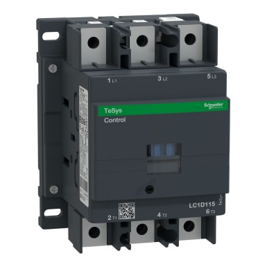 LC1D1156B7 - Contactor, TeSys Deca, 3P(3NO), AC-3/AC-3e, <=440V, 115A, 24V AC 50/60Hz coil, lugs/bars terminals - Schneider Electric - Contactor, TeSys Deca, 3P(3NO), AC-3/AC-3e, <=440V, 115A, 24V AC 50/60Hz coil, lugs/bars terminals - Schneider Electric - 0