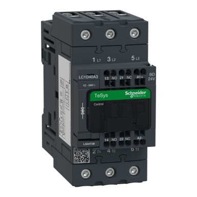 LC1D40A3BD - Contactor, TeSys Deca, 3P(3 NO), AC-3/AC-3e, 0 to 440V, 40A, 24VDC standard coil, spring - Schneider Electric - Contactor, TeSys Deca, 3P(3 NO), AC-3/AC-3e, 0 to 440V, 40A, 24VDC standard coil, spring - Schneider Electric - 0