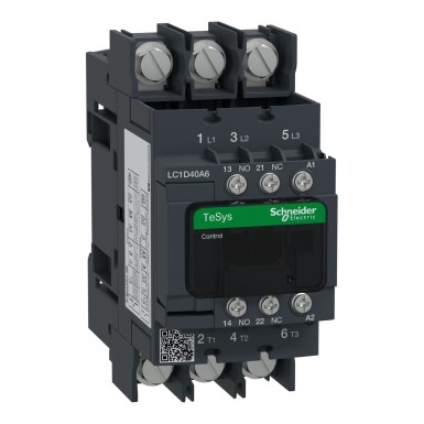 LC1D40A6B7 - Contactor, TeSys Deca, 3P(3 NO), AC-3/AC-3e, 0 to 440V, 40A, 24VAC 50/60Hz coil, Lugs-ring terminals - Schneider Electric - Contactor, TeSys Deca, 3P(3 NO), AC-3/AC-3e, 0 to 440V, 40A, 24VAC 50/60Hz coil, Lugs-ring terminals - Schneider Electric - 0