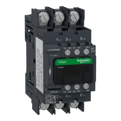 LC1D40A6BD - Contactor, TeSys Deca, 3P(3 NO), AC-3/AC-3e, 0 to 440V, 40A, 24VDC standard coil, Lugs-ring terminals - Schneider Electric - Contactor, TeSys Deca, 3P(3 NO), AC-3/AC-3e, 0 to 440V, 40A, 24VDC standard coil, Lugs-ring terminals - Schneider Electric - 0