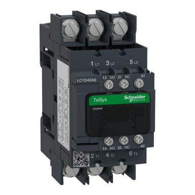 LC1D40A6P7 - Contactor, TeSys Deca, 3P(3 NO), AC-3/AC-3e, 0 to 440V, 40A, 230VAC 50/60Hz coil, Lugs-ring terminals - Schneider Electric - Contactor, TeSys Deca, 3P(3 NO), AC-3/AC-3e, 0 to 440V, 40A, 230VAC 50/60Hz coil, Lugs-ring terminals - Schneider Electric - 0