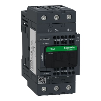 LC1D50A3BD - Contactor, TeSys Deca, 3P(3 NO), AC-3/AC-3e, 0 to 440V, 50A, 24VDC standard coil, spring - Schneider Electric - Contactor, TeSys Deca, 3P(3 NO), AC-3/AC-3e, 0 to 440V, 50A, 24VDC standard coil, spring - Schneider Electric - 0