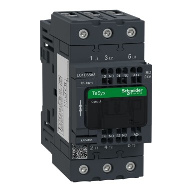 LC1D65A3BD - Contactor, TeSys Deca, 3P(3 NO), AC-3/AC-3e, 0 to 440V, 65A, 24VDC standard coil, spring - Schneider Electric - Contactor, TeSys Deca, 3P(3 NO), AC-3/AC-3e, 0 to 440V, 65A, 24VDC standard coil, spring - Schneider Electric - 0