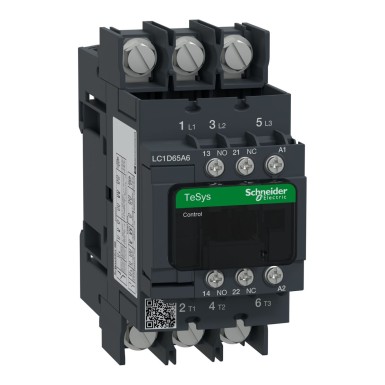 LC1D65A6F7 - Contactor, TeSys Deca, 3P(3 NO), AC-3/AC-3e, 0 to 440V, 65A, 110VAC 50/60Hz coil, Lugs-ring terminals - Schneider Electric - Contactor, TeSys Deca, 3P(3 NO), AC-3/AC-3e, 0 to 440V, 65A, 110VAC 50/60Hz coil, Lugs-ring terminals - Schneider Electric - 0