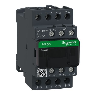 LC1DT20BD - Contactor, TeSys Deca, 4P(4 NO), AC-1, 0 to 440V, 20A, 24VDC standard coil - Schneider Electric - Contactor, TeSys Deca, 4P(4 NO), AC-1, 0 to 440V, 20A, 24VDC standard coil - Schneider Electric - 0