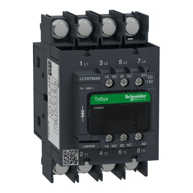 LC1DT80A6FD - Contactor, TeSys Deca, 4P(4 NO), AC-1, 0 to 440V, 80A, 110V DC standard coil, ring-lug terminals - Schneider Electric - Contactor, TeSys Deca, 4P(4 NO), AC-1, 0 to 440V, 80A, 110V DC standard coil, ring-lug terminals - Schneider Electric - 0