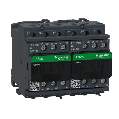 LC2D09BL - Reversing contactor, TeSys Deca, 3P(3 NO), AC-3, 0 to 440V, 9A, 24V low consumption DC low consumption coil - Schneider Electric - Reversing contactor, TeSys Deca, 3P(3 NO), AC-3, 0 to 440V, 9A, 24V low consumption DC low consumption coil - Schneider Electric - 0