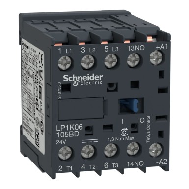 LP1K06105BD - Contactor, TeSys K, 3P, AC-3/AC-3e, 440V, 6A, 1NO aux, 24V DC coil,faston connectors - Schneider Electric - Contactor, TeSys K, 3P, AC-3/AC-3e, 440V, 6A, 1NO aux, 24V DC coil,faston connectors - Schneider Electric - 0