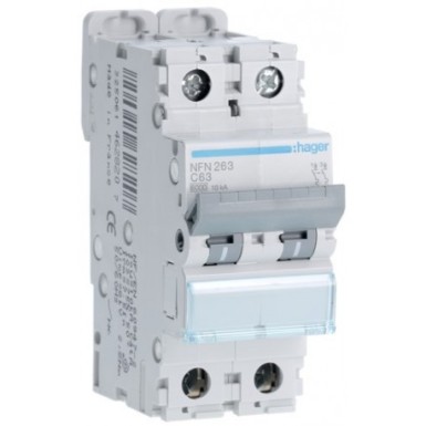 NFN263 - 2P 6-10kA C curve circuit breaker - 63A 2 modules - Ref: NFN263 - Hager - 2P 6-10kA C curve circuit breaker - 63A 2 modules - Ref: NFN263 - Hager - 0