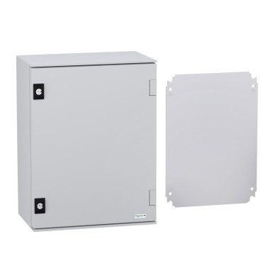 NSYPLM43PG - Wall mounted polyester enclosure, Thalassa PLM, plain door, with metallic plate, 430x330x200mm, IP66, IK10, RAL 7035 - Schneider Electric - Wall mounted polyester enclosure, Thalassa PLM, plain door, with metallic plate, 430x330x200mm, IP66, IK10, RAL 7035 - Schneider Electric - 1