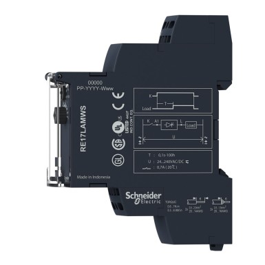 RE17LAMWS - Modular timing relay, Harmony, 0.7A, 1CO, 1s..100h, on delay, solid state output, spring terminals, 24..240V AC DC - Schneider Electric - Modular timing relay, Harmony, 0.7A, 1CO, 1s..100h, on delay, solid state output, spring terminals, 24..240V AC DC - Schneider Electric - 4