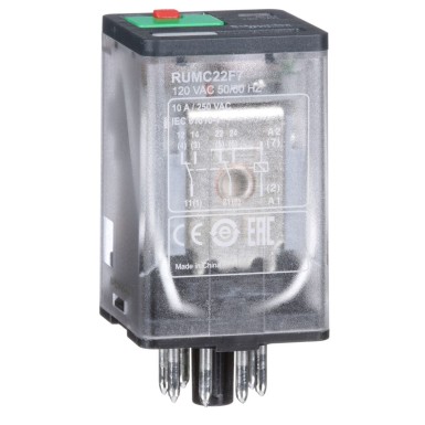 RUMC22F7 - Harmony, Universal plugin relay, 10 A, 2 CO, with LED, with lockable test button, 120 V AC - Schneider Electric - Harmony, Universal plugin relay, 10 A, 2 CO, with LED, with lockable test button, 120 V AC - Schneider Electric - 0