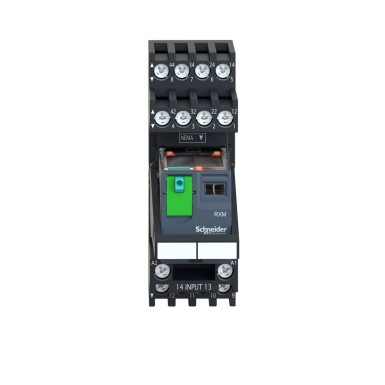 RXM4AB2BDPVM - Miniature plug in relay pre assembled, Harmony, 6A, 4CO, with LED, lockable test button, mixed terminals socket, 24V DC - Schneider Electric - Miniature plug in relay pre assembled, Harmony, 6A, 4CO, with LED, lockable test button, mixed terminals socket, 24V DC - Schneider Electric - 4