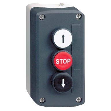 XALD326 - Harmony, Control station, plastic, dark grey, 1 white flush UP ARROW/1 red flush STOP/1 black flush DOWN ARROW push buttons, Ш22 , spring return - Schneider Electric - Harmony, Control station, plastic, dark grey, 1 white flush UP ARROW/1 red flush STOP/1 black flush DOWN ARROW push buttons, Ш22 , spring return - Schneider Electric - 0