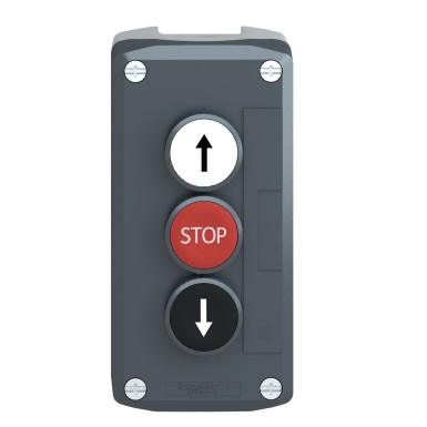 XALD326 - Harmony, Control station, plastic, dark grey, 1 white flush UP ARROW/1 red flush STOP/1 black flush DOWN ARROW push buttons, Ш22 , spring return - Schneider Electric - Harmony, Control station, plastic, dark grey, 1 white flush UP ARROW/1 red flush STOP/1 black flush DOWN ARROW push buttons, Ш22 , spring return - Schneider Electric - 3