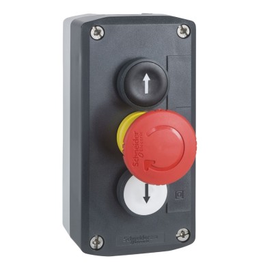 XALD328 - Harmony XALD, XALK, Control station, plastic, dark grey lid, 2 flush push buttons Ш22, marked UP ARROW / DOWN ARROW, 1 red mushroom Ш30 - Schneider Electric - Harmony XALD, XALK, Control station, plastic, dark grey lid, 2 flush push buttons Ш22, marked UP ARROW / DOWN ARROW, 1 red mushroom Ш30 - Schneider Electric - 0