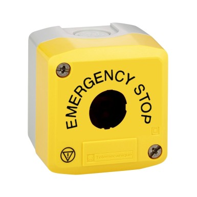 XALK01H29 - Empty control station, Harmony XALD, XALK, plastic, yellow, 1 cut out, marked EMERGENCY STOP and logo ISO13850 - Schneider Electric - Empty control station, Harmony XALD, XALK, plastic, yellow, 1 cut out, marked EMERGENCY STOP and logo ISO13850 - Schneider Electric - 0