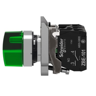 XB4BK133B5 - Illuminated selector switch, Harmony XB4, metal, green handle, 22mm, universal LED, 3 positions, 1NO + 1NC, 24V AC DC - Schneider Electric - Illuminated selector switch, Harmony XB4, metal, green handle, 22mm, universal LED, 3 positions, 1NO + 1NC, 24V AC DC - Schneider Electric - 4