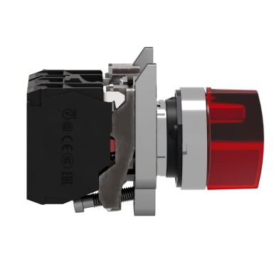 XB4BK134B5 - Illuminated selector switch, Harmony XB4, metal, red handle, 22mm, universal LED, 3 positions, 1NO + 1NC, 24V AC DC - Schneider Electric - Illuminated selector switch, Harmony XB4, metal, red handle, 22mm, universal LED, 3 positions, 1NO + 1NC, 24V AC DC - Schneider Electric - 1