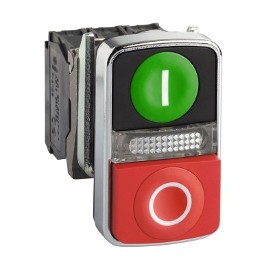 XB4BW73731G5 - Harmony XB4, Illuminated double-headed push button, metal, Ш22, 1 green flush I + 1 pilot light + 1 red projecting O, 120 V AC, 1 NO + 1 NC - Schneider Electric - Harmony XB4, Illuminated double-headed push button, metal, Ш22, 1 green flush I + 1 pilot light + 1 red projecting O, 120 V AC, 1 NO + 1 NC - Schneider Electric - 0