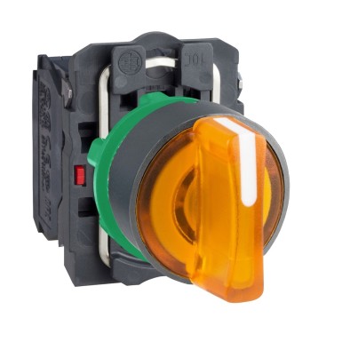 XB5AK135B5 - Illuminated selector switch, Harmony XB5, grey plastic, orange handle, 22mm, universal LED, 3 positions, 1NO + 1NC, 24V AC DC - Schneider Electric - Illuminated selector switch, Harmony XB5, grey plastic, orange handle, 22mm, universal LED, 3 positions, 1NO + 1NC, 24V AC DC - Schneider Electric - 0