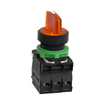 XB5AK135B5 - Illuminated selector switch, Harmony XB5, grey plastic, orange handle, 22mm, universal LED, 3 positions, 1NO + 1NC, 24V AC DC - Schneider Electric - Illuminated selector switch, Harmony XB5, grey plastic, orange handle, 22mm, universal LED, 3 positions, 1NO + 1NC, 24V AC DC - Schneider Electric - 1