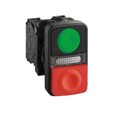 XB5AW73731G5 - Harmony XB5, Illuminated double-headed push button, plastic, Ш22, 1 green flush I + 1 pilot light + 1 red projecting O, 120 V AC/DC, 1 NO + 1 NC - Schneider Electric - Harmony XB5, Illuminated double-headed push button, plastic, Ш22, 1 green flush I + 1 pilot light + 1 red projecting O, 120 V AC/DC, 1 NO + 1 NC - Schneider Electric - 0