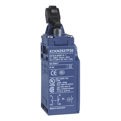 XCKN2127P20C - Telemecanique - Limit switch, Limit switches XC Standard, XCKN, thermoplastic plastic roller lever plung. Ver, 1NC+1 NO, snap, M20