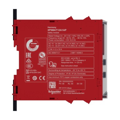 XPSBAT12A1AP - Time delayed output, Harmony XPS, for Estop, guard, OSSD, 24 V AC/DC, screw - Schneider Electric - Time delayed output, Harmony XPS, for Estop, guard, OSSD, 24 V AC/DC, screw - Schneider Electric - 3