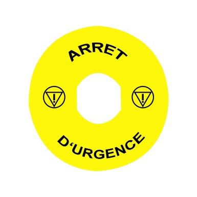 ZBY8130 - Legend, Harmony XB4, plastic, yellow, 90mm, for emergency stop, marked ARRET D'URGENCE with logo ISO13850 - Schneider Electric - Legend, Harmony XB4, plastic, yellow, 90mm, for emergency stop, marked ARRET D'URGENCE with logo ISO13850 - Schneider Electric - 0