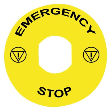 ZBY8330 - Legend, Harmony XB4, plastic, yellow, 90mm, for emergency stop, marked EMERGENCY STOP with logo ISO13851 - Schneider Electric - Legend, Harmony XB4, plastic, yellow, 90mm, for emergency stop, marked EMERGENCY STOP with logo ISO13851 - Schneider Electric - 0