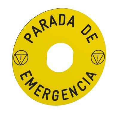 ZBY8430 - Marked legend, Harmony XB4, Harmony XB5, yellow, 90mm, for emergency stop, marked PARADA DE EMERGENCIA/logo ISO13850 - Schneider Electric - Marked legend, Harmony XB4, Harmony XB5, yellow, 90mm, for emergency stop, marked PARADA DE EMERGENCIA/logo ISO13850 - Schneider Electric - 0