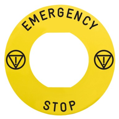 ZBY9330M - Marked legend, Harmony XB4, Harmony XB5, yellow, 60mm, for emergency stop, marked EMERGENCY STOP/logo ISO13850 - Schneider Electric - Marked legend, Harmony XB4, Harmony XB5, yellow, 60mm, for emergency stop, marked EMERGENCY STOP/logo ISO13850 - Schneider Electric - 0