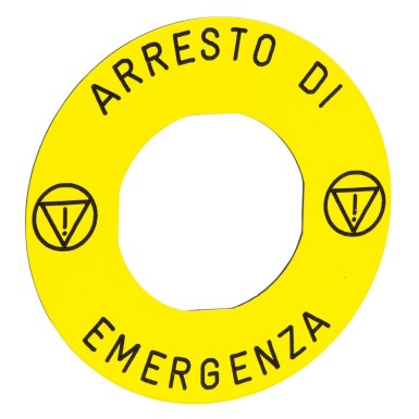 ZBY9630T - Marked legend, Harmony XB5, Harmony XB4, yellow, 60mm, for emergency stop, marked ARRESTO DE EMERGENZA/logo ISO13850 - Schneider Electric - Marked legend, Harmony XB5, Harmony XB4, yellow, 60mm, for emergency stop, marked ARRESTO DE EMERGENZA/logo ISO13850 - Schneider Electric - 0