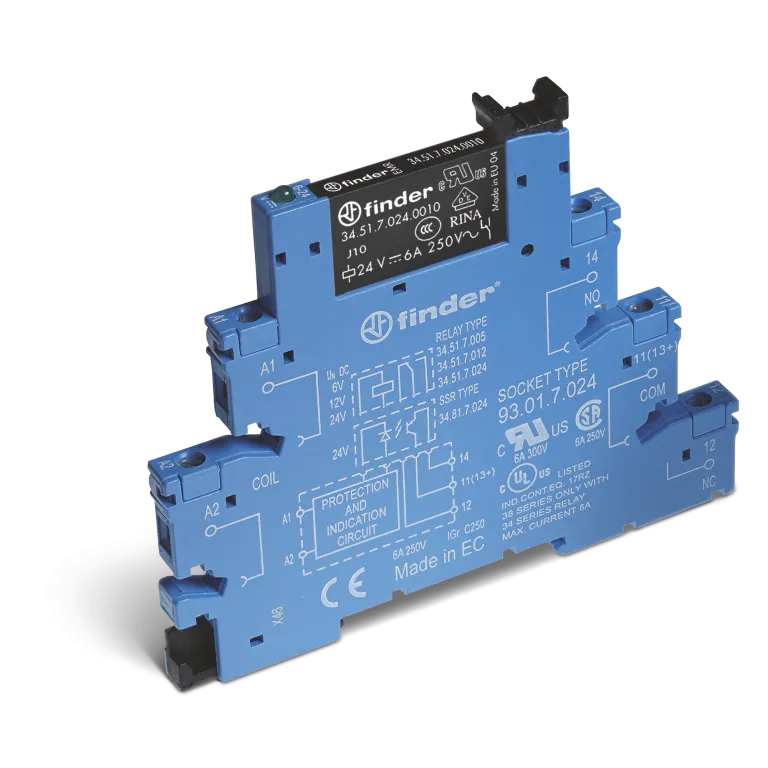 385102405060 - Interface module (assembly 34.51.7.060.5010 + 93.01.0.240), electromechanical relay; 1CO 6A; AGNI+AU contacts; 230-240V AC/DC power; IP20 protection class; screw terminals - Finder - Interface module (assembly 34.51.7.060.5010 + 93.01.0.240), electromechanical relay; 1CO 6A; AGNI+AU contacts; 230-240V AC/DC power; IP20 protection class; screw terminals - Finder - 0