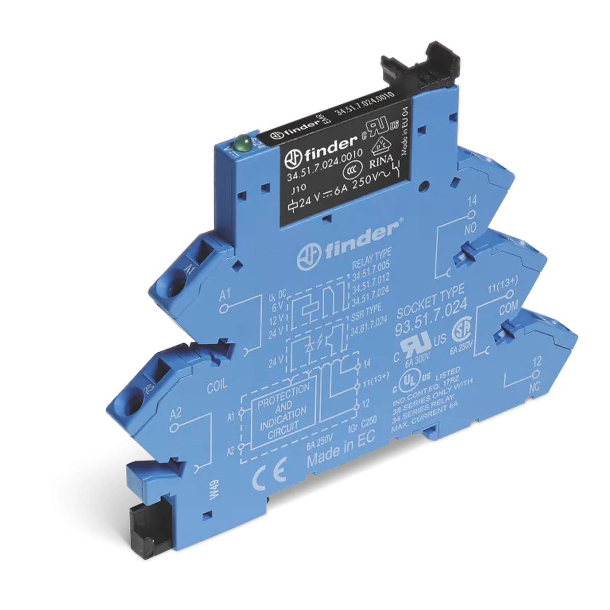 386170240050 - Interface module (assembly 34.51.7.024.0010 + 93.51.7.024), electromechanical relay; 1CO 6A; AGNI contacts; 24V DC (sensitive); IP20 protection class; Cavigable terminals (spring clip) - Finder - Interface module (assembly 34.51.7.024.0010 + 93.51.7.024), electromechanical relay; 1CO 6A; AGNI contacts; 24V DC (sensitive); IP20 protection class; Cavigable terminals (spring clip) - Finder - 0